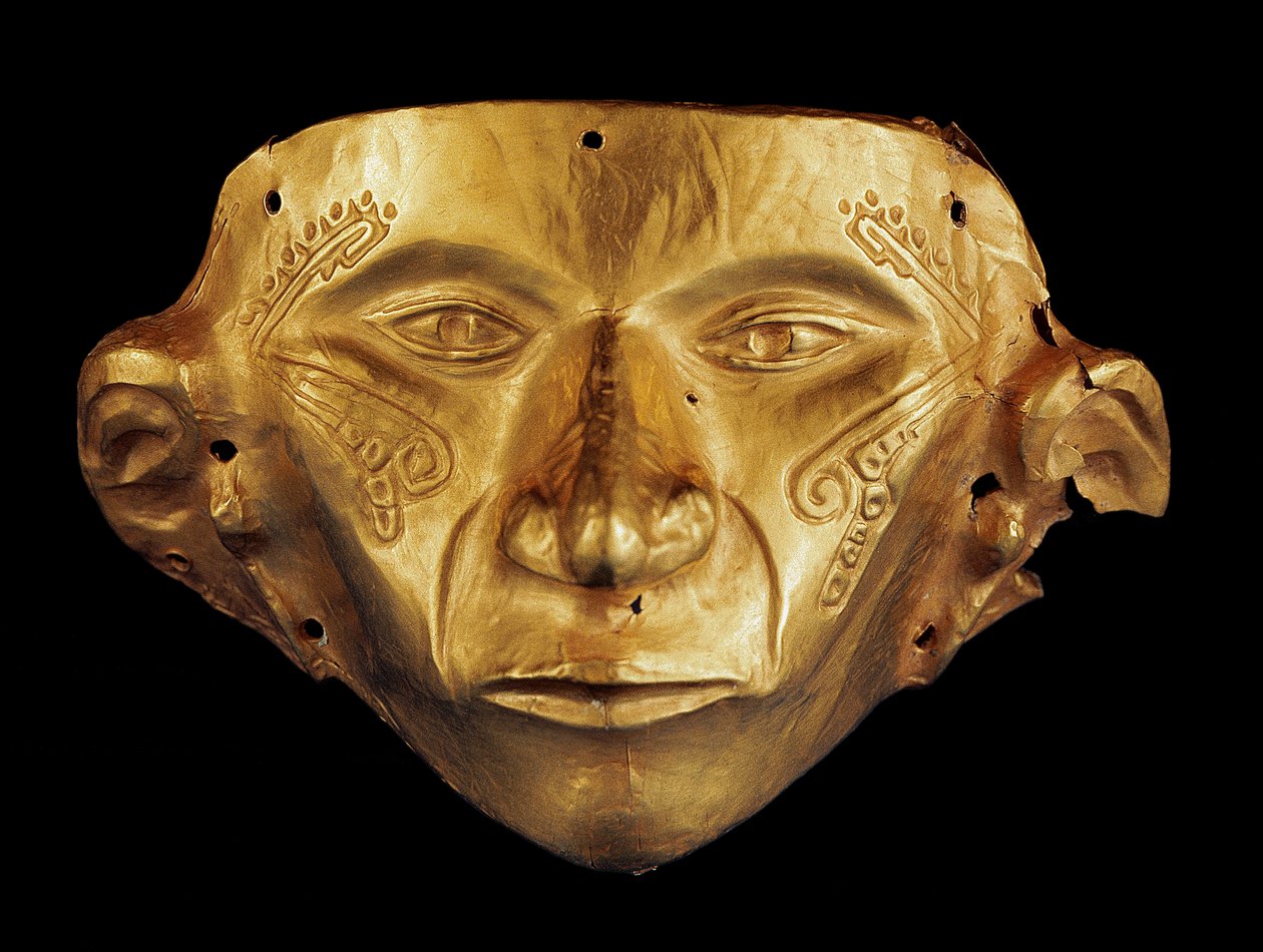 Pre-colombiansk mask från den arkeologiska parken Tierradentro, Alto de San Andres i Colombia (guld) av Pre Columbian Pre Columbian