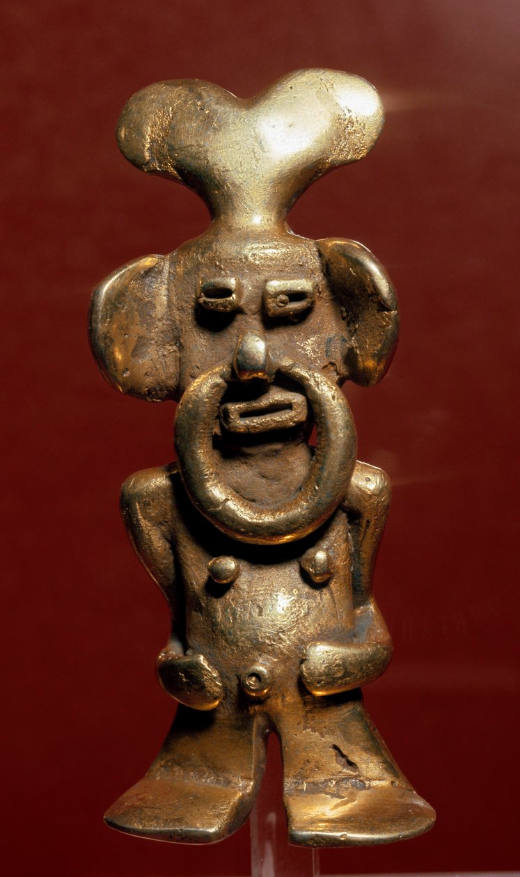 Precolombiansk konst, Quimbaya civilisation (Colombia): antropomorf guldstatyett föreställande en man med en ring i näsan. 400-1400 e.Kr. Bogota, Guldmuseum, Colombia av Pre Columbian Pre Columbian