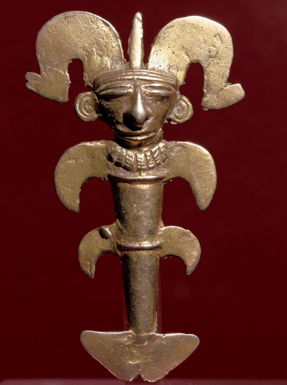 Pre-columbiansk konst, Quimbaya civilisation (Colombia): antropomorft hänge i guld. 400-1400 e.Kr. Bogota, Museo de Oro, Colombia av Pre Columbian Pre Columbian