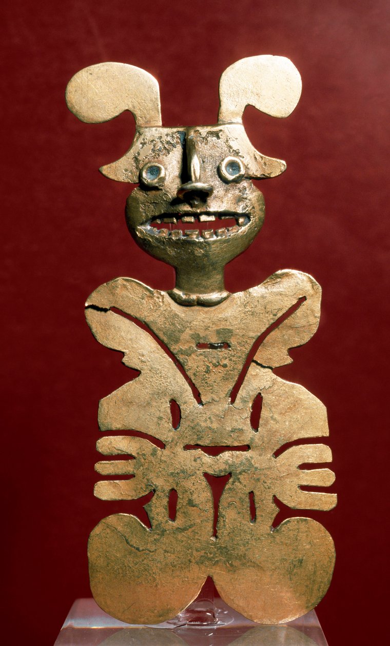 Förcolumbiansk konst, Quimbaya civilisation (Colombia): antropomorf statyett i guld. 400-1400 e.Kr. Bogota, Guldmuseet, Colombia av Pre Columbian Pre Columbian