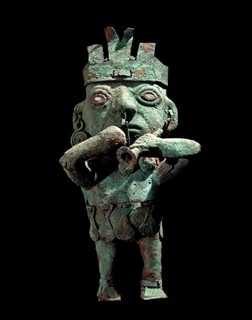 Pre-colombiansk konst, Vicus-kultur (Peru): bronsstatyett som föreställer en musiker. Omkring 200 A.D. JC. Lima, Guldmuseet, Peru av Pre Columbian Pre Columbian