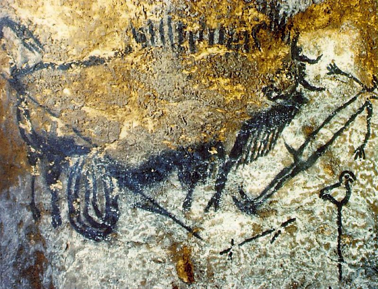 En sårad bison attackerar en man, c.15 000-10 000 f.Kr. (pigment på sten) av Prehistoric