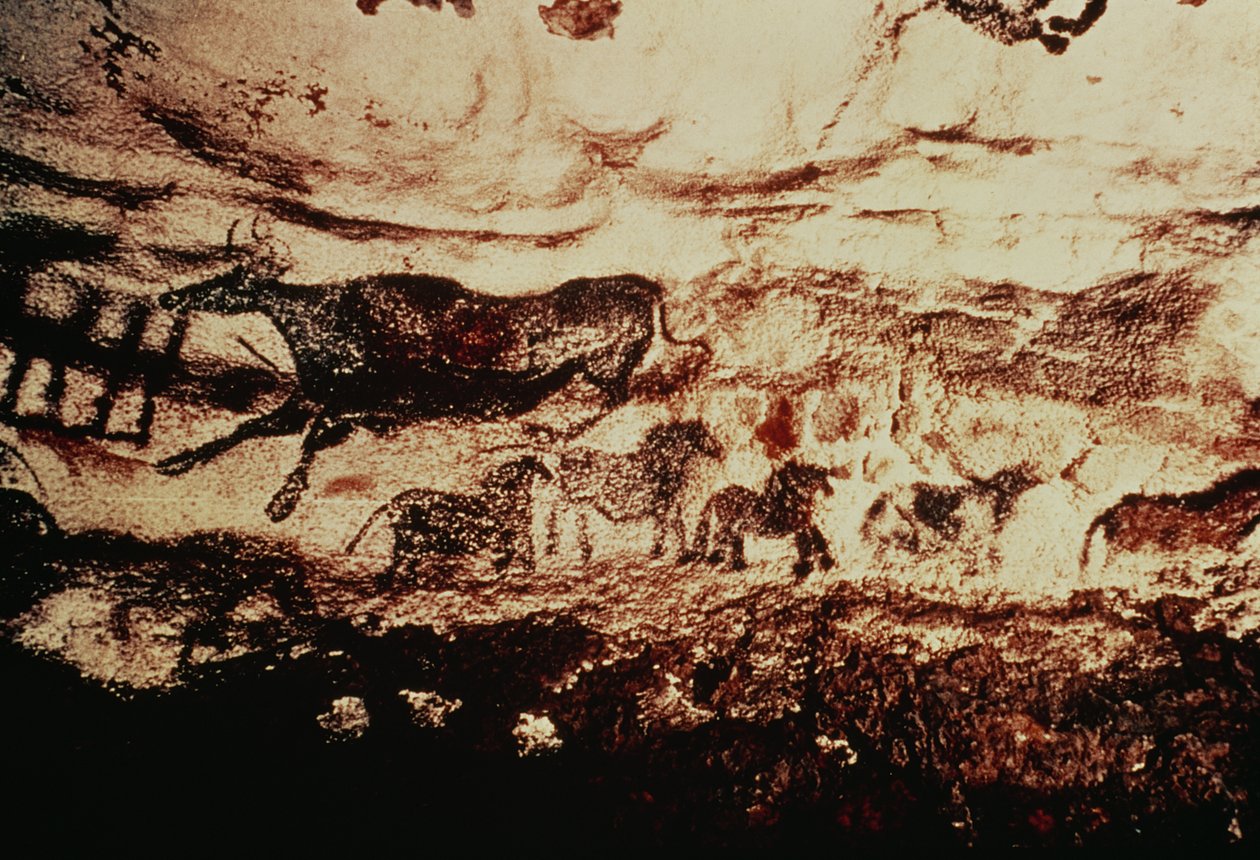 Klippemaleri af en springende ko og en frise af små heste, ca. 17000 f.Kr. (hulemaleri) svensk av Prehistoric