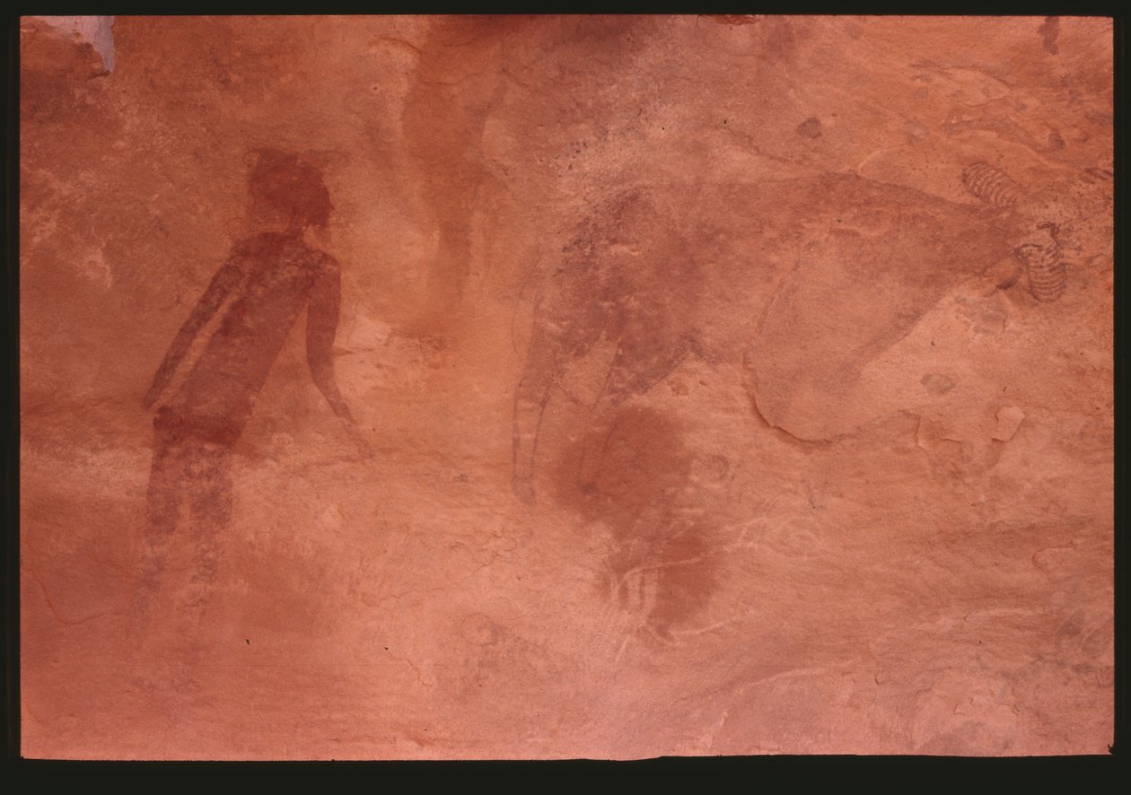 Människofigur och en tjur (klippmålning) av Prehistoric