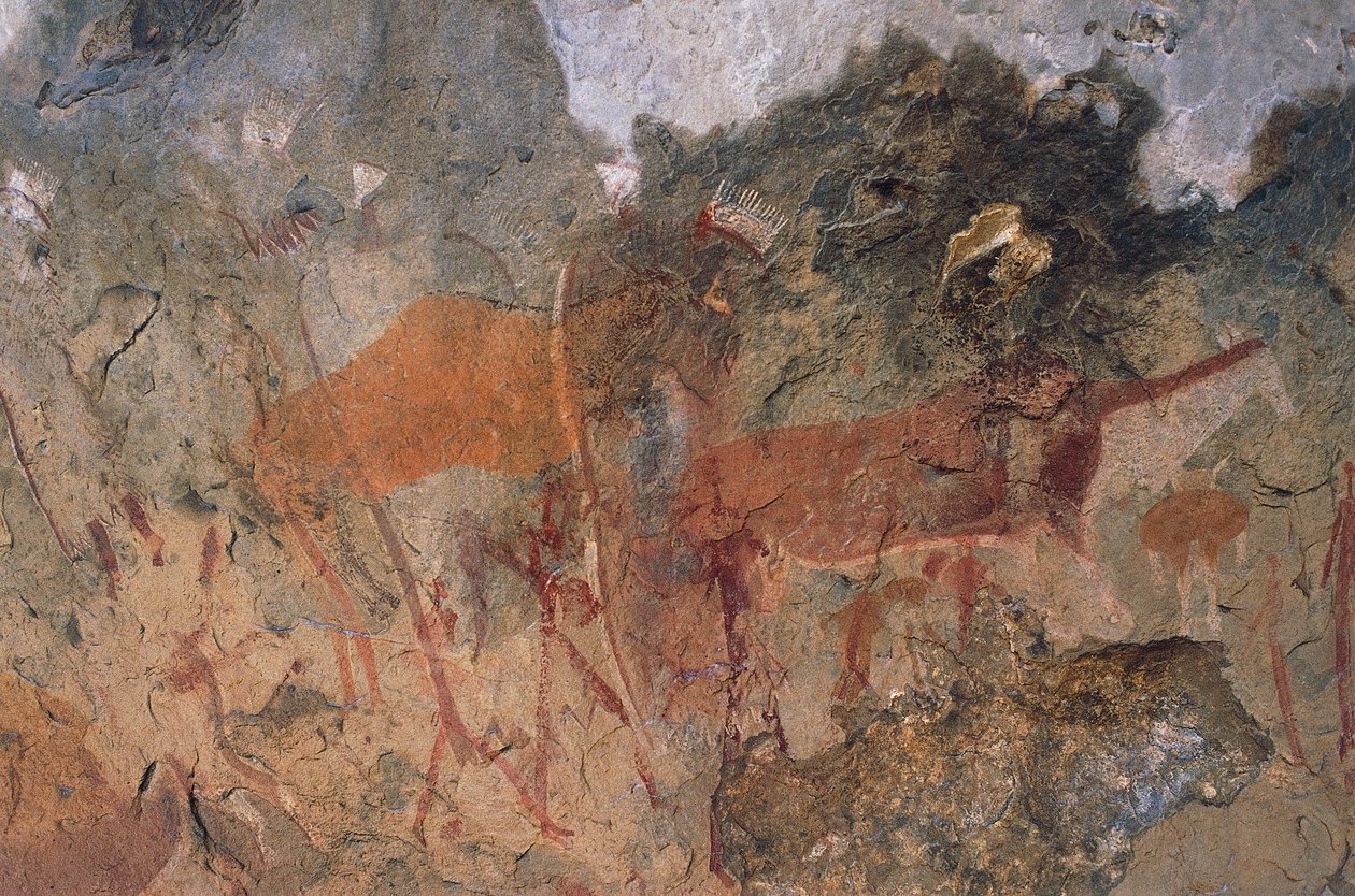Människo- och djurfigurer, bushmen eller san grottmålningar, Maloti-Drakensberg Park (Unescos världsarvslista, 2000), Lesotho av Prehistoric Prehistoric