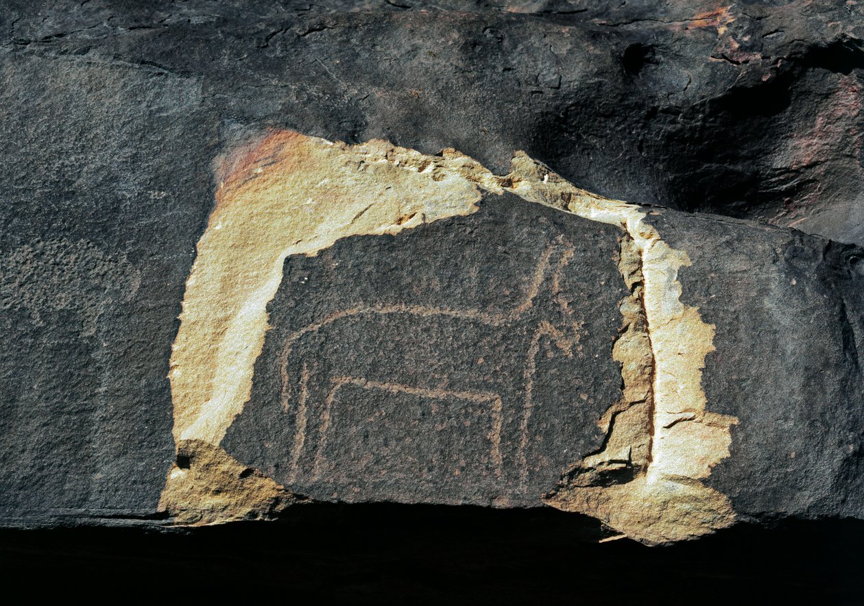 Förhistoria, hällkonst: gravsten av representationen av en antilop. Stenåldern 5000-2000 f.Kr. Taghit, Haut plateau du Hoggar (Ahaggar), Algeriet av Prehistoric Prehistoric