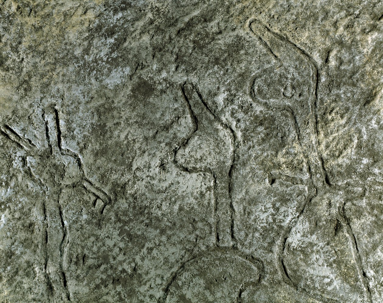 Förhistoria, hällkonst: hällristning (graffiti på sten) av en representation av en jaktscen. neolitik, stenålder. (Azerbajdzjan) Bronsåldern. Baku, Azerbajdzjans statliga religionshistoriska museum av Prehistoric Prehistoric