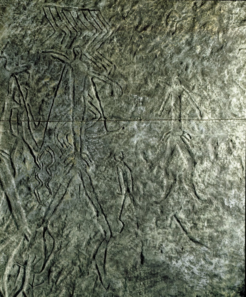 Förhistoria, hällkonst: hällristningar (graffiti på sten) av människofigurer. neolitik, stenålder. (Azerbajdzjan) Bronsåldern. Baku, Azerbajdzjans statliga religionshistoriska museum av Prehistoric Prehistoric