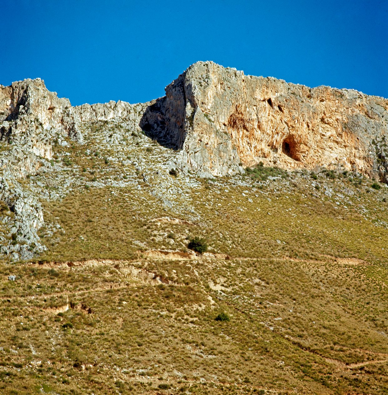 Förhistoria: Kreta Monte Palmeto med en grotta från den paleolitiska perioden. Monte Palmeto, Palermo (Palermo), Italien av Prehistoric Prehistoric