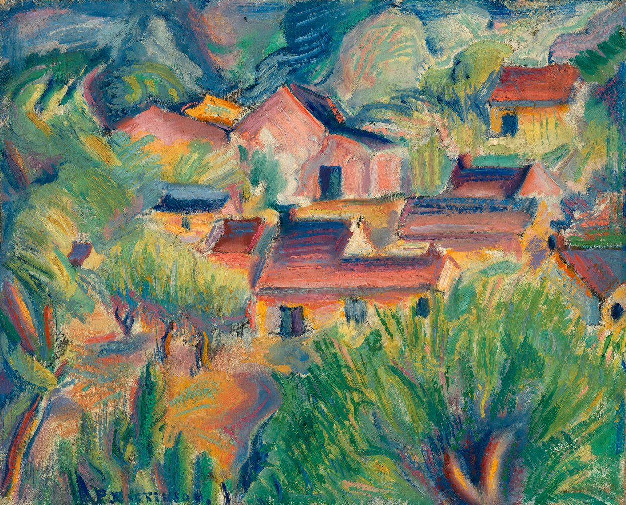 Hus och landskap, ca. 1918. av Preston Dickinson