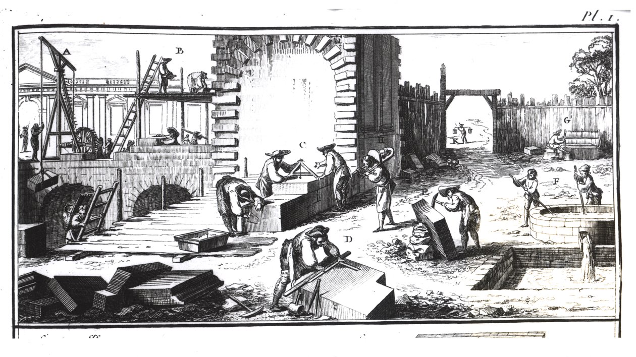 Stenhuggare i arbete, graverade av Lucotte av Abbé Prévost