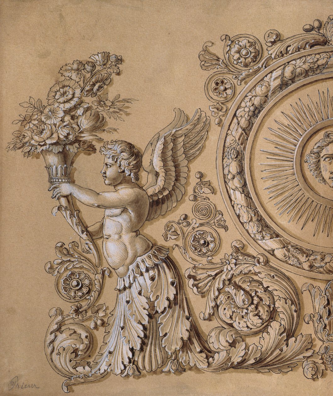 Silverarbetsdesign föreställande en kerub med akantusblad, ca 1800 (penna och bläck och tvätt förhöjd med vitt på papper) av Prieur