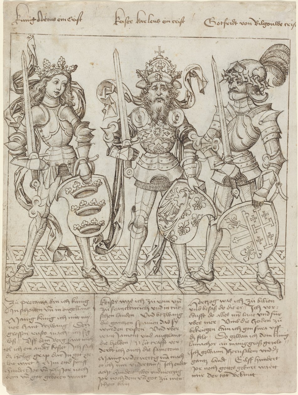 Kung Arthur, Karl den Store och Godfrey av Boulogne av Primary Master of the Strassburg Chronicle
