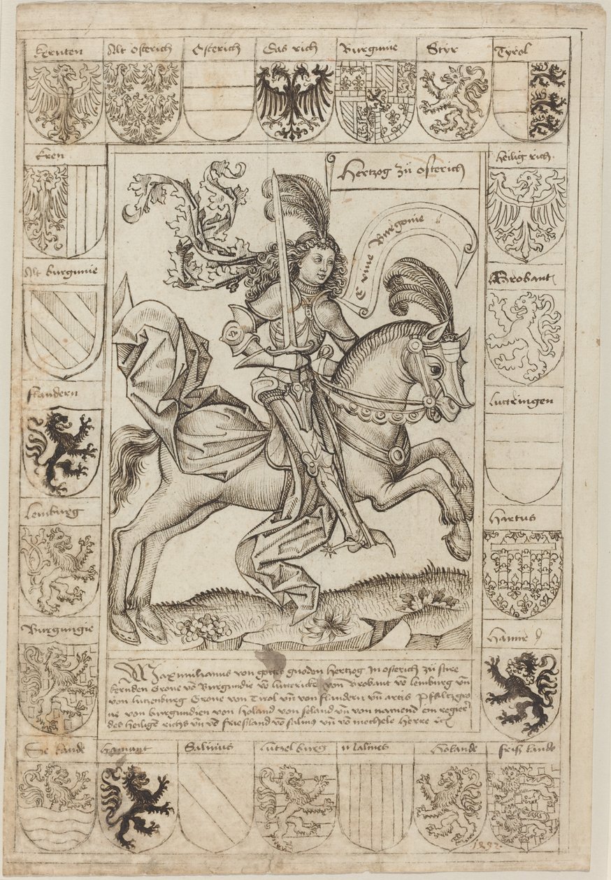 Maximilian, hertig av Österrike, till häst av Primary Master of the Strassburg Chronicle