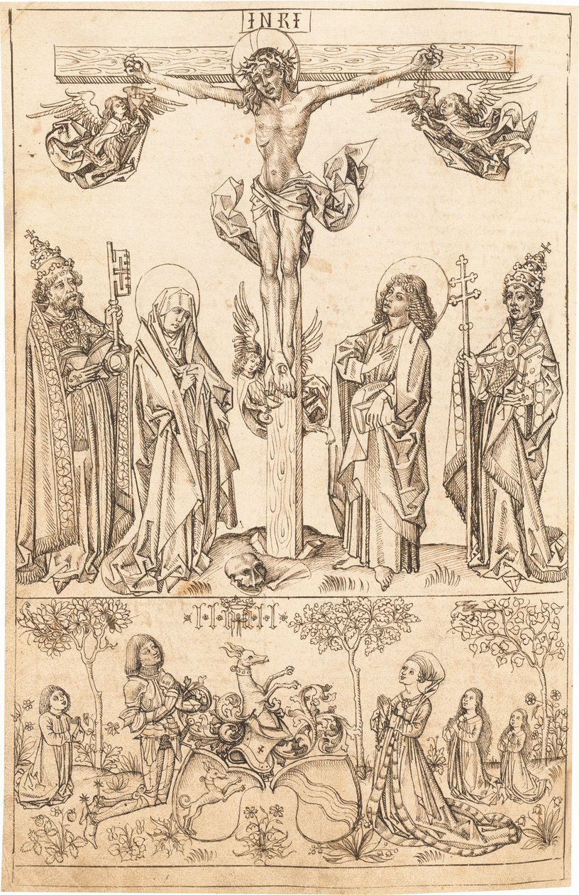 Korsfästelsen med jungfrun och de heliga och familjen Hungerstein av Primary Master of the Strassburg Chronicle