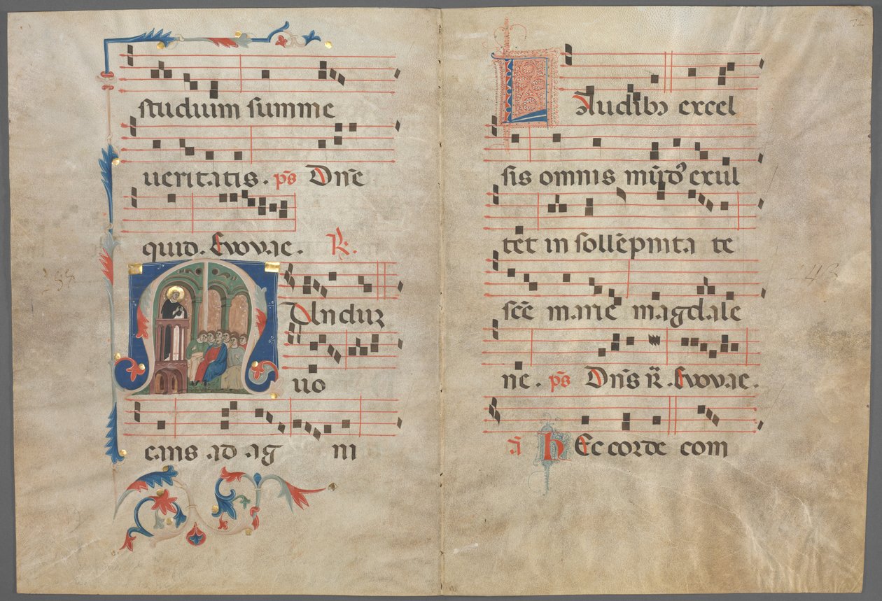 Bifolium från en Antiphonary: Initial M med Saint Dominic Preaching av Primo Miniatore di San Domenico
