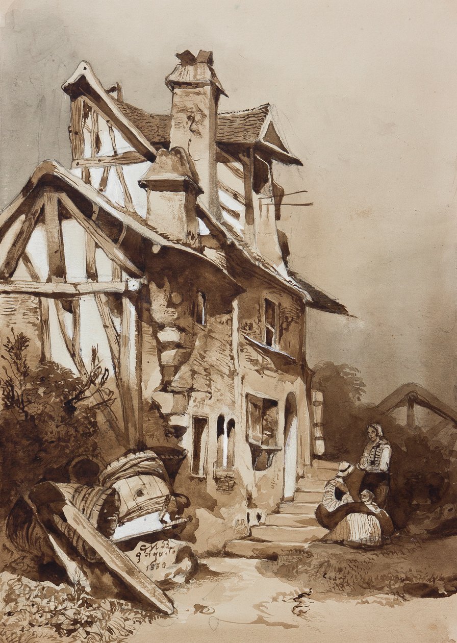 En pittoresk nordfransk stuga, med tillägg av en instruktör, penna från 1854, sepiatvättar och gouache på papper av Prince Gaetano Maria Federico di Borbone