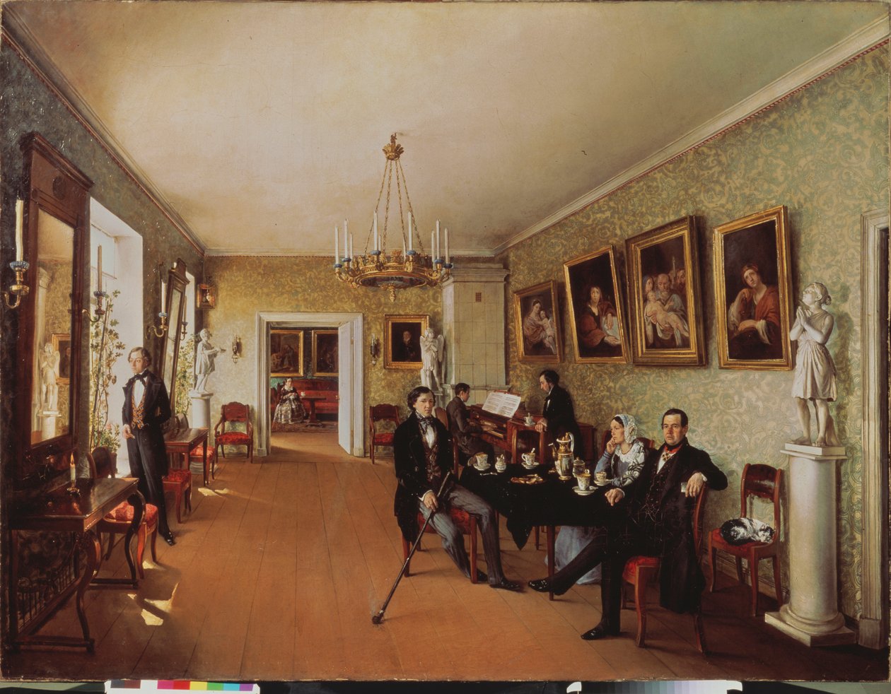 A Family Scene (Dagliga aktiviteter vid testund, några spelar piano, andra lyssnar, en kvinna i bakgrunden syr) - A Family Scene - Målning av Prokofi Yegorovich Pushkaryev (Pushkaryev) (?-efter 1856), h av Prokophy Egorovich Pushkaryev