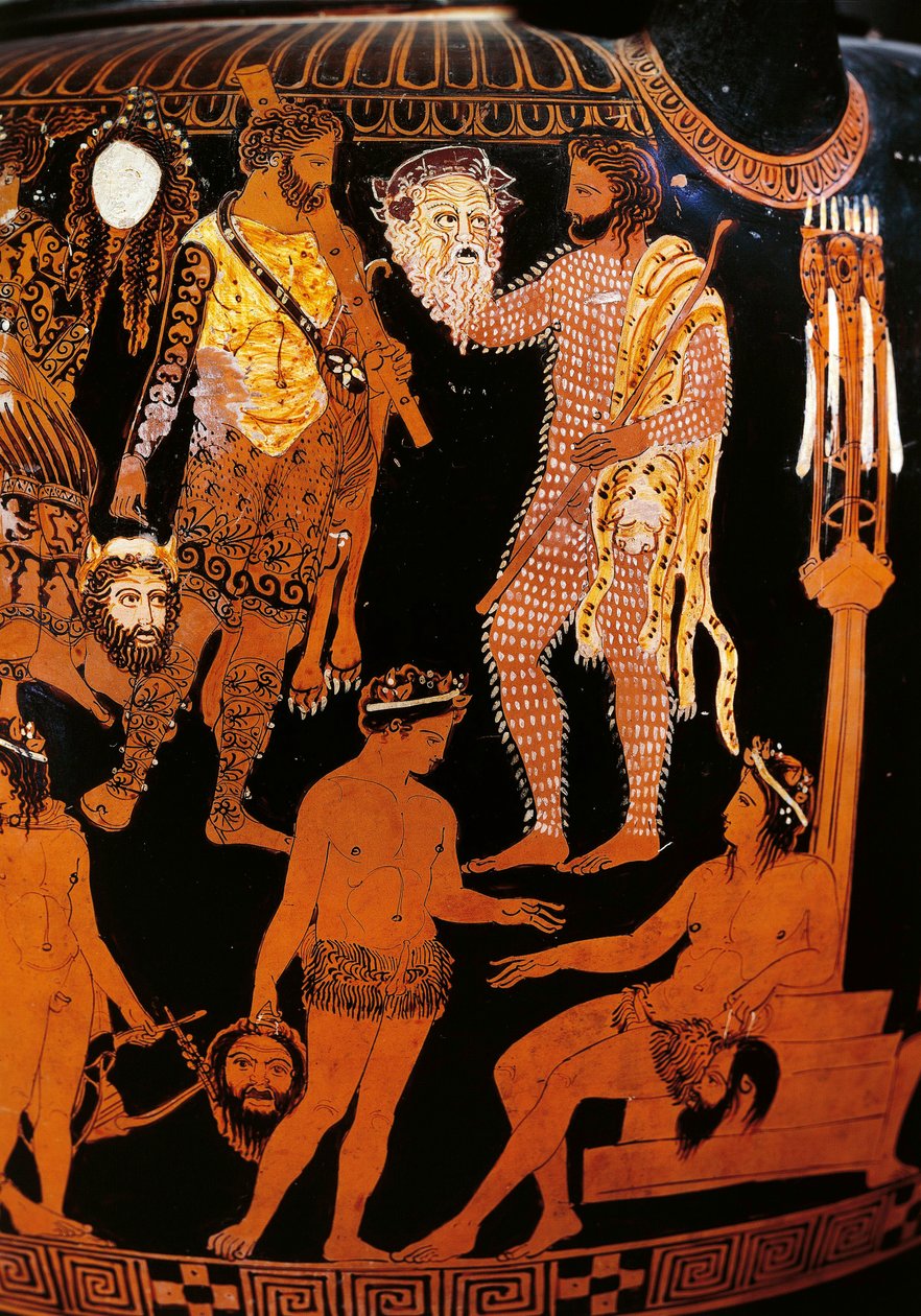 Vas av Pronomos, krater med röda figurer. Detalj som visar Hercules (Heracles), förberedelserna för ett satyriskt drama i närvaro av Dionysos och Ariane, karaktärerna håller teatermasker. 400 f.Kr. Neapel, Museo Archeologico Nazionale av Promonos Painter