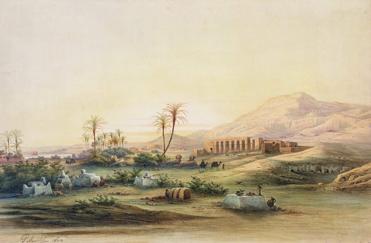 Nilens dal med ruinerna av Seti I-templet, 1844 (penna och wc på papper) av Prosper Georges Antoine Marilhat