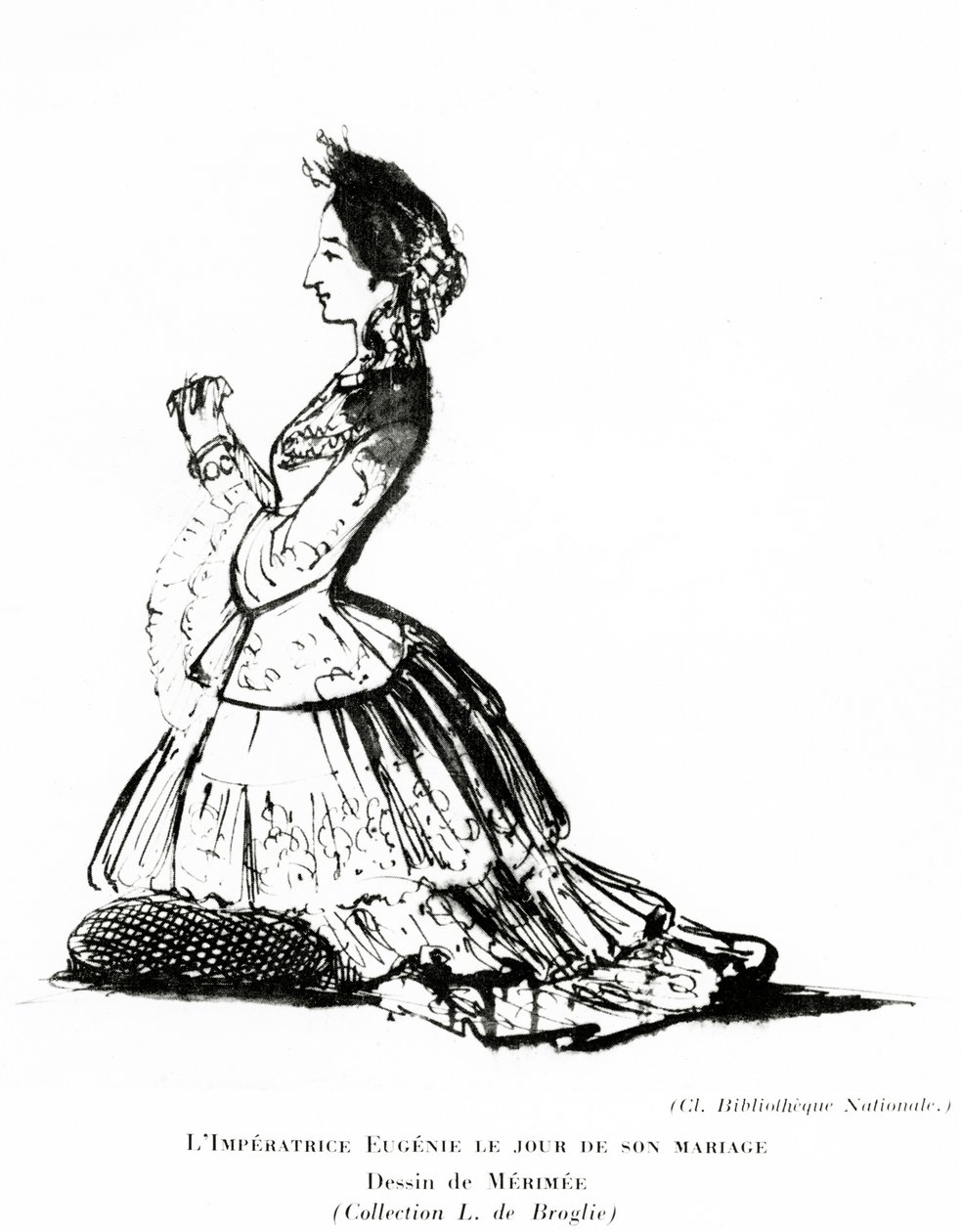 Porträtt av kejsarinnan Eugénie på dagen för hennes bröllop, 30 januari 1853 (krita på papper) av Prosper Merimee