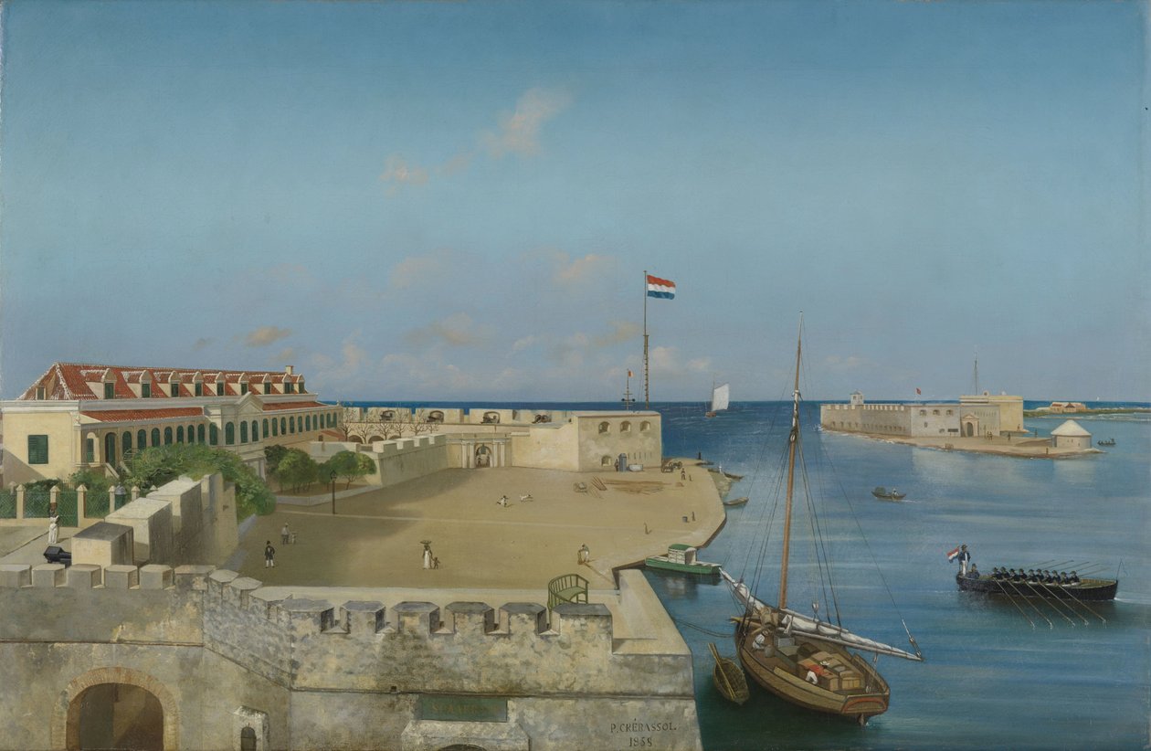 Willemstads hamninlopp med regeringspalatset av Prosper Crébassol (signed by artist)