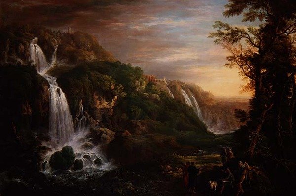 Den stora kaskaden i Tivoli med Villa of Maecenas och konstnär inspirerad av en filosof av Prosper Francois Irenee Barrigues