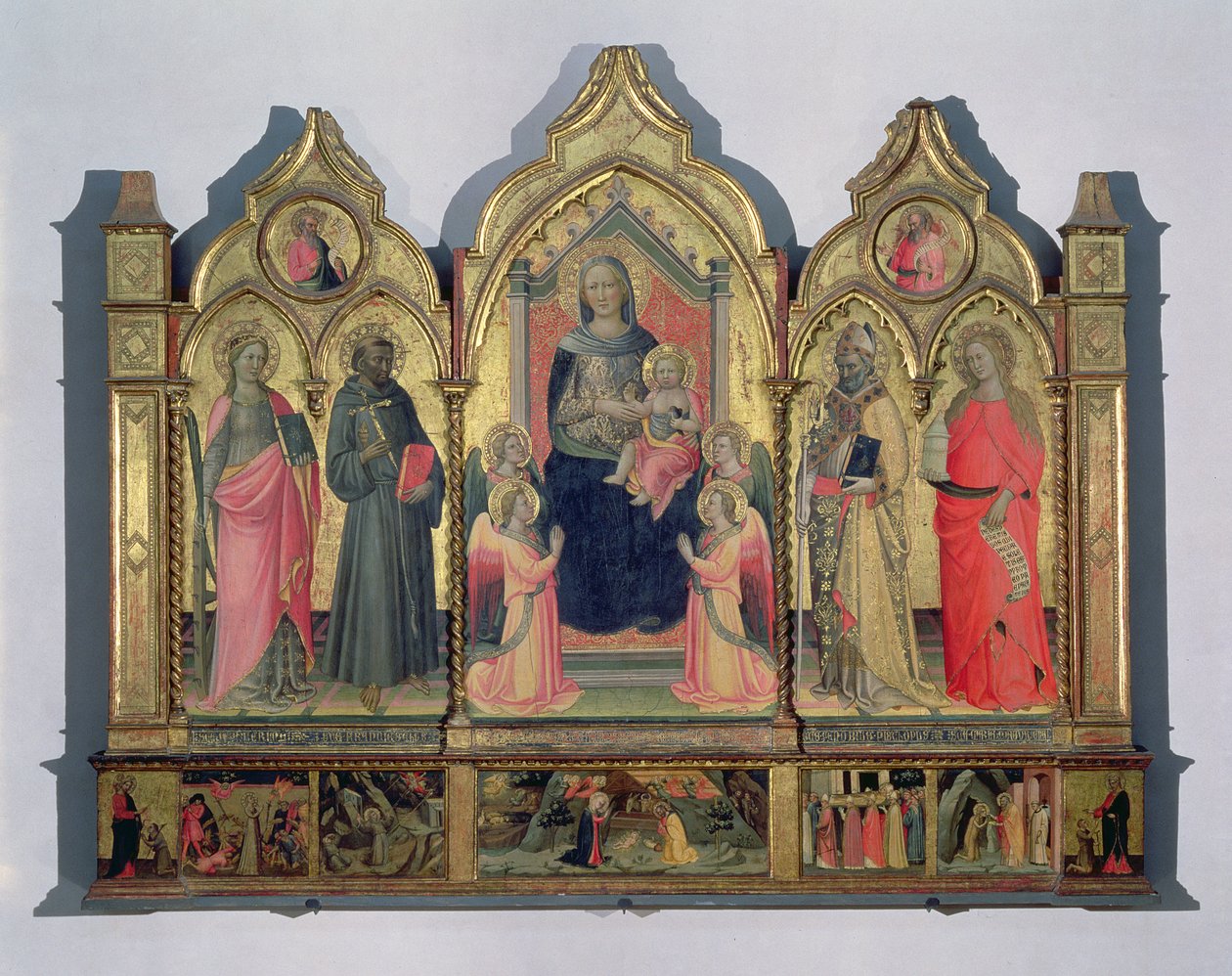 Madonna och barn med den heliga Katarina, den heliga Drancis, den heliga Zenobius och Maria Magdalena (tempera på panel) av Pseudo Ambrogio di Baldese