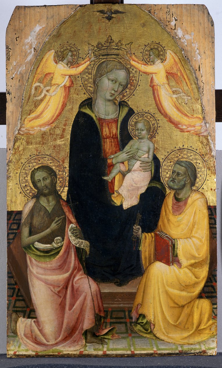 Madonna och barn på tronen kröns av två änglar, Johannes Döparen och aposteln Petrus, ca 1410-20 (tempera på poppelträ) av Pseudo Baldese Pseudo Baldese