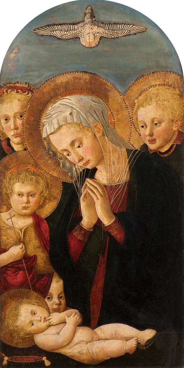 Madonna Adoring the Christ Child, med Johannes Döparen och änglar, ca 1480-1500 av Pier Francesco Fiorentino