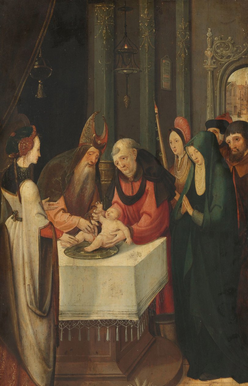 Omskärelse av Kristus, vänstra flygeln på en altartavla, på verso är jungfrun från en bebådelseplats av Pseudo Jan Wellens de Cock (attributed to)