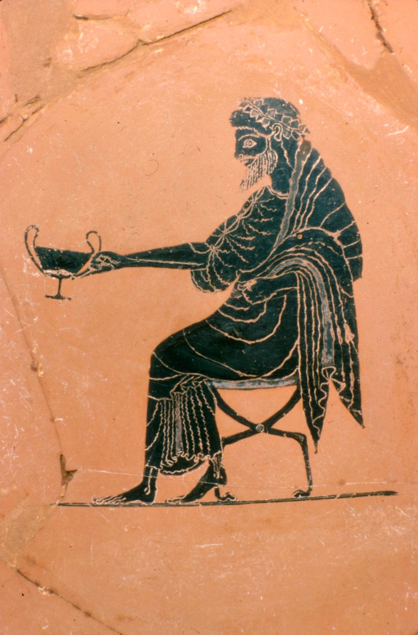 Detalj av Dionysos sittande, grekisk tallrik, målad av Psiax, c520 f.Kr. av Psiax