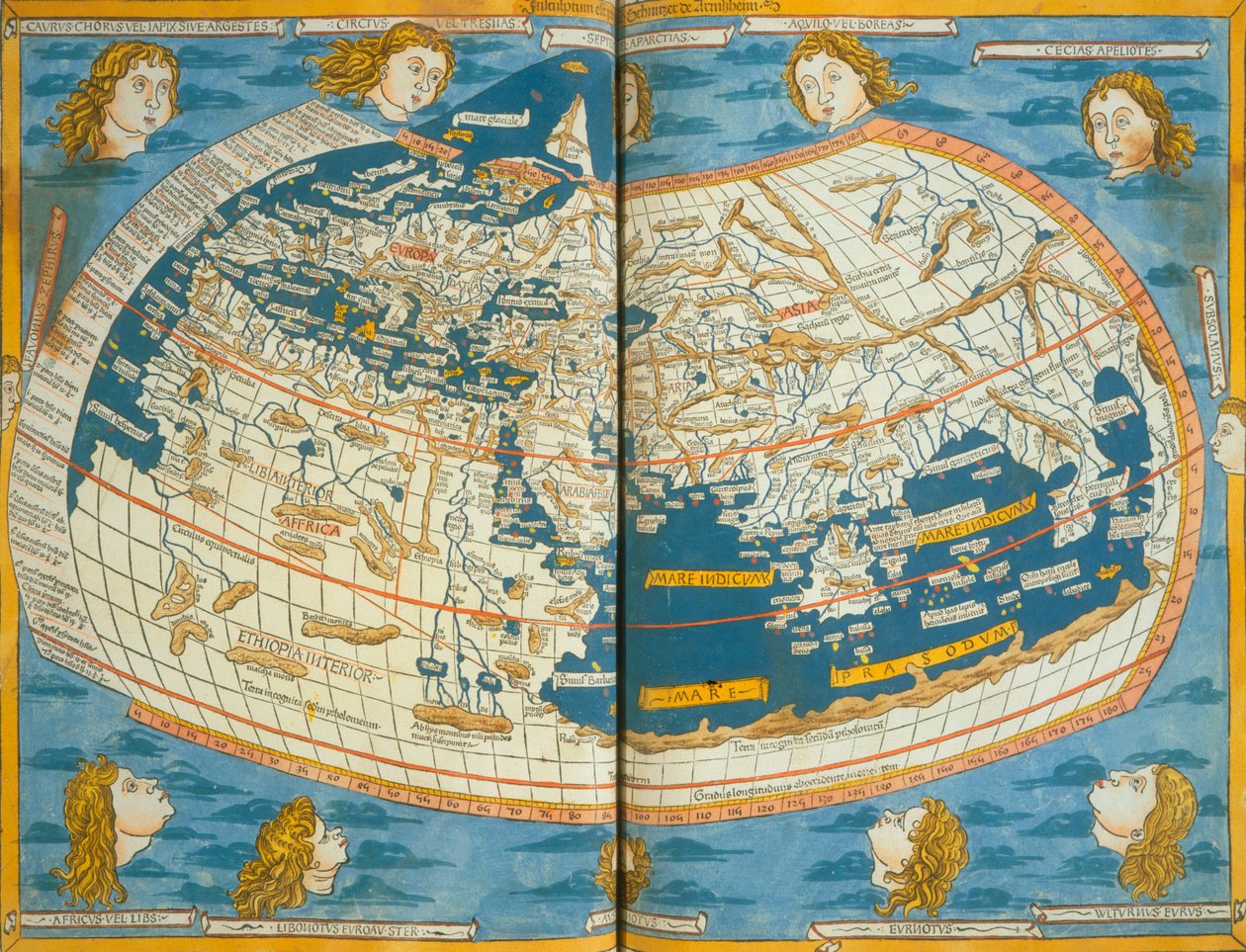 Världskarta, baserad på beskrivningar och koordinater i "Geographia" som först publicerades i Ulm, Tyskland, 1482. av Ptolemy