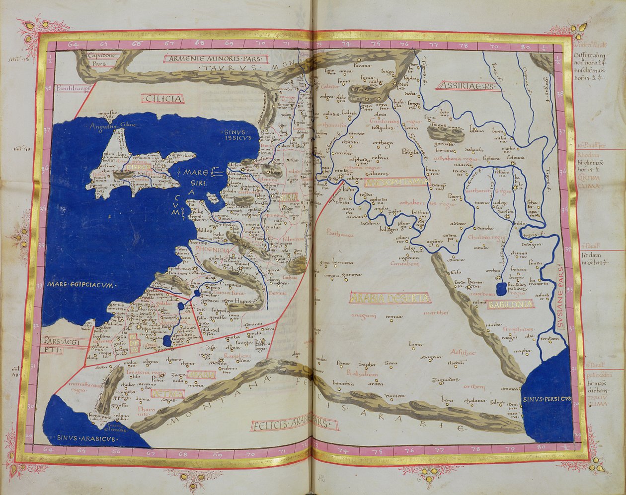 Ms Lat 463 f.111v-112r Karta över Fenicien, Mesopotamien och Babylon av Ptolemy