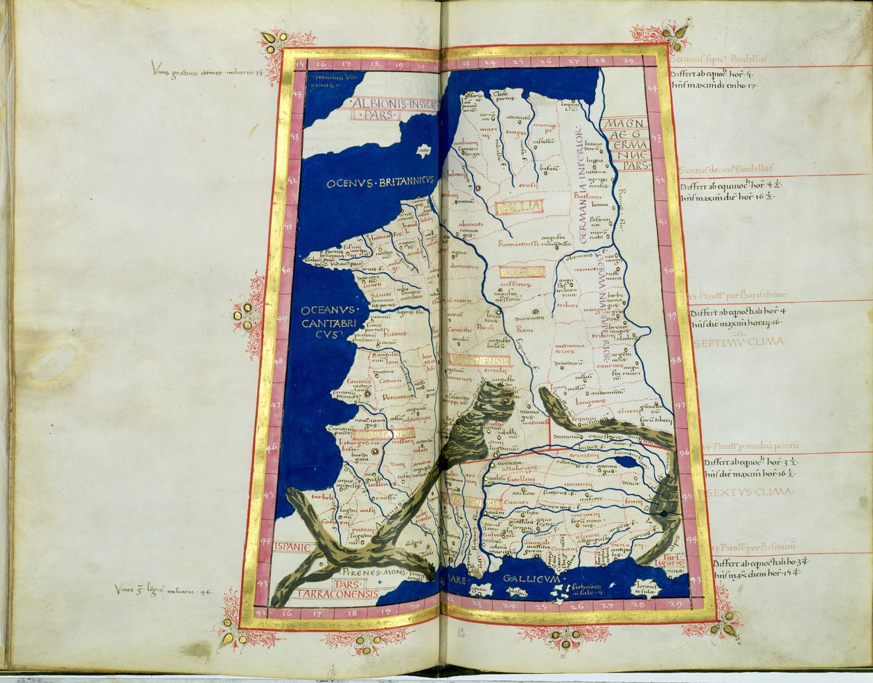 Ms Lat 463 fol.81v-82r Karta över Gallien, Belgien, Lyon och Aquitaine av Ptolemy