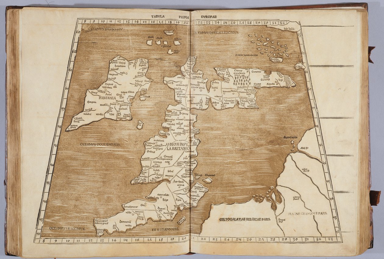 Den första kartan över Europa, från "Geografiskt arbete, den sista transduktionen av grekerna med de mest rigoröst pressade originalen", tryckt av Johann Scott 1513 av Ptolemy