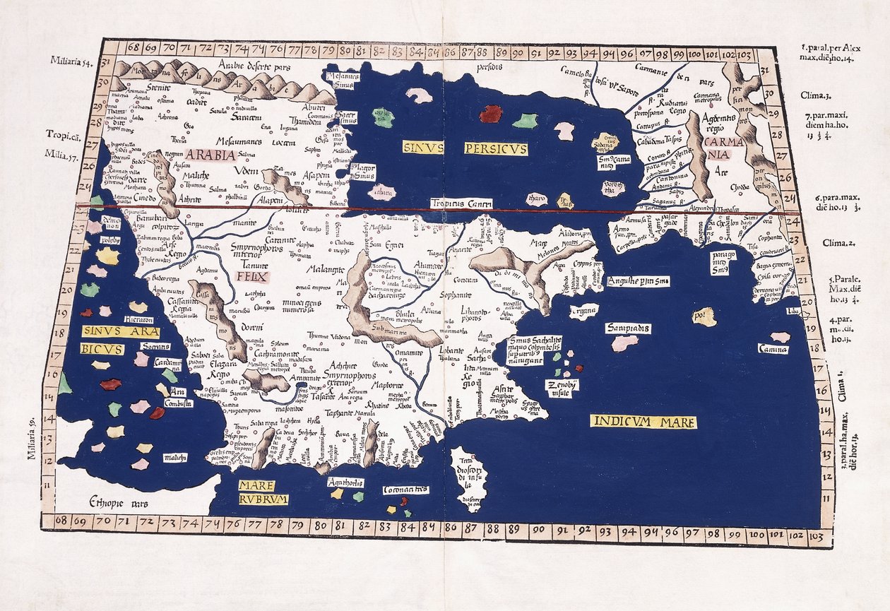 Karta över Arabien, Persiska viken och Indiska havet, 1541 av Ptolemy