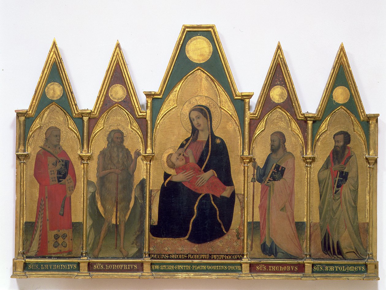 Madonna av ödmjukhet med heliga (tempera på panel) av Puccio di Simone