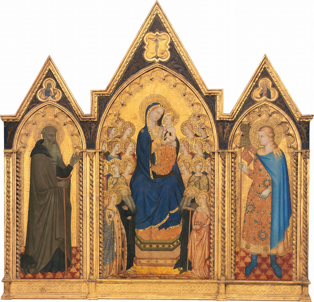 Madonna och barn tronade med heliga och änglar, och heliga Anthony Abbot och Venantius [hela triptyken] av Puccio di Simone and Allegretto Nuzi