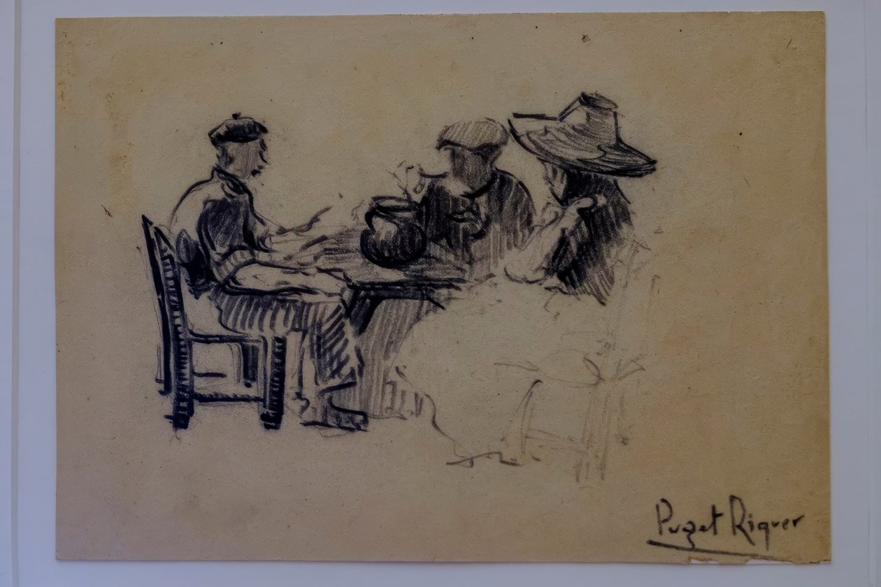 sittande figurer, Narcís Puget Riquer, kolteckning, Puget-museet, adelshuset Can LLaudis , Dalt Vila, Ibiza, Balearerna, Spanien av Puget Riquer
