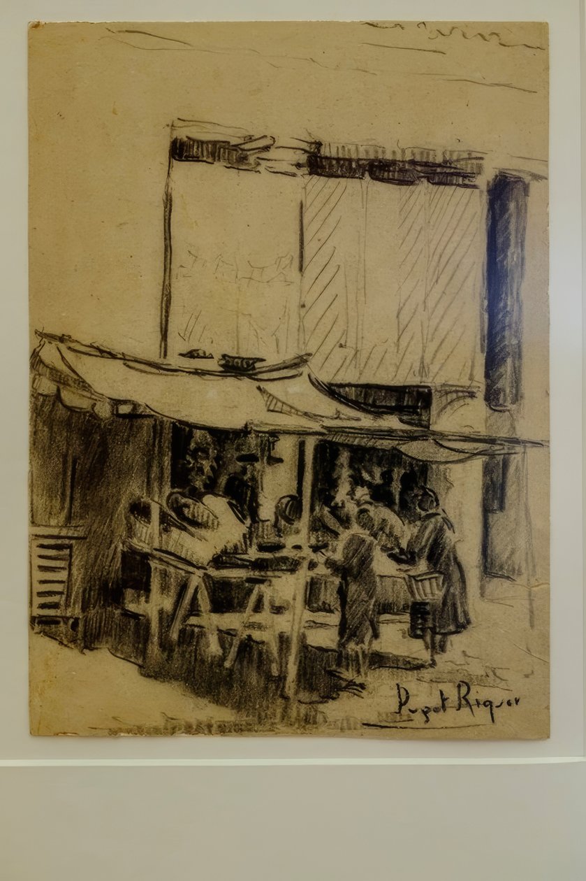 torget, Narcís Puget Riquer, kolteckning, Puget museum, Can LLaudis ädla hus, Dalt Vila, Ibiza, balearerna, Spanien av Puget Riquer