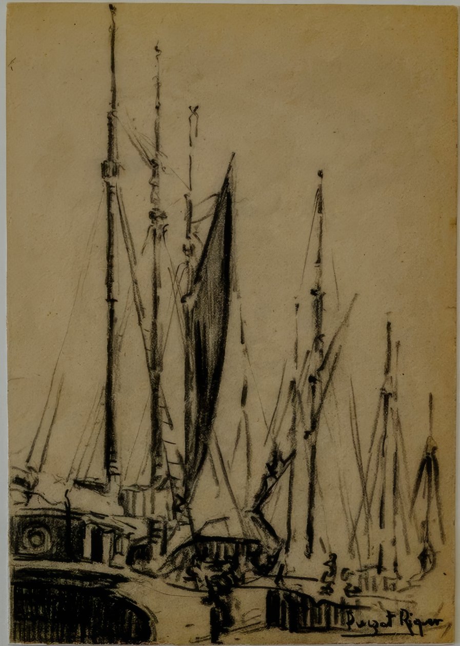 segelbåtar, Narcís Puget Riquer, kolteckning, Puget museum, Can LLaudis adliga hus, Dalt Vila, Ibiza, balearerna, Spanien av Puget Riquer