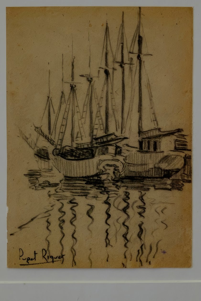 segelbåtar, Narcís Puget Riquer, kolteckning, Puget museum, Can LLaudis adliga hus, Dalt Vila, Ibiza, balearerna, Spanien av Puget Riquer