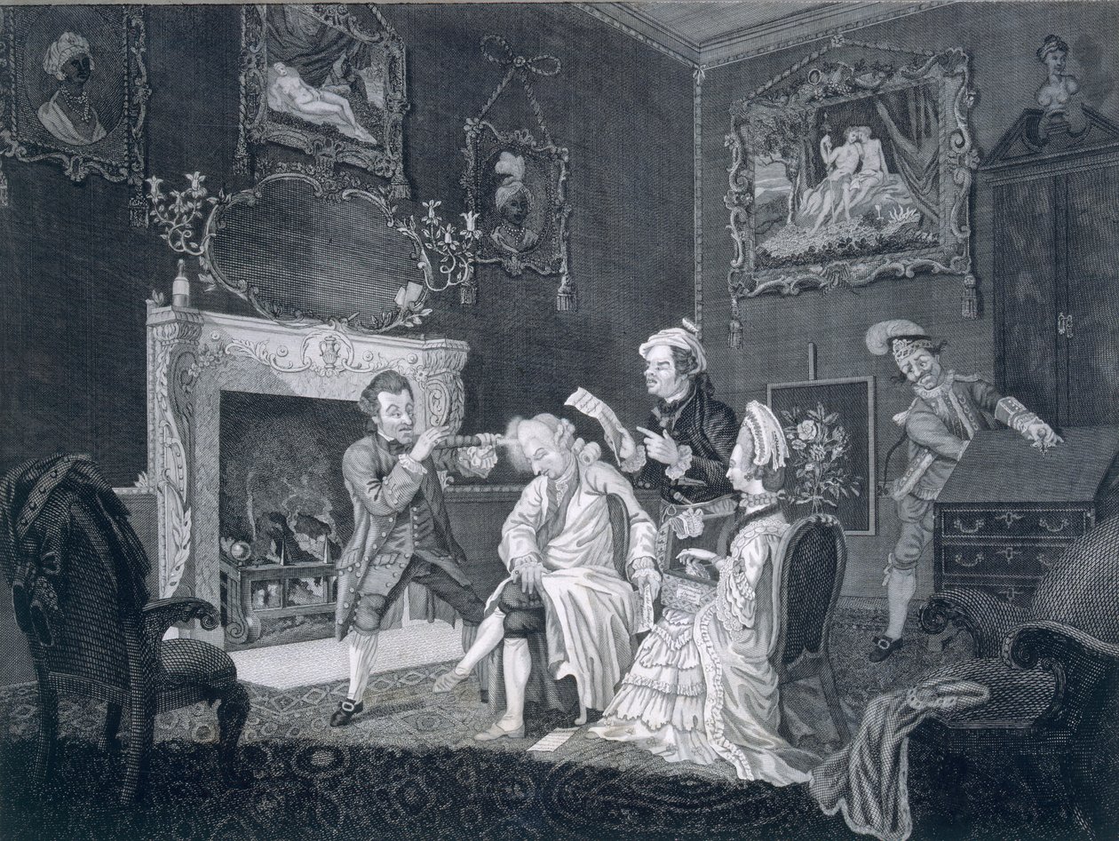 Tjänare distraherar en fåfäng gammal man medan en annan stjäl från byrån, graverad av Goldar, 1771 av Pugh