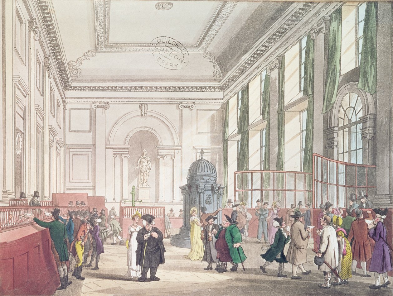Bank of England, Great Hall, från Ackermanns "Microcosm of London", 1809 (akvatint) av Pugin and Rowlandson
