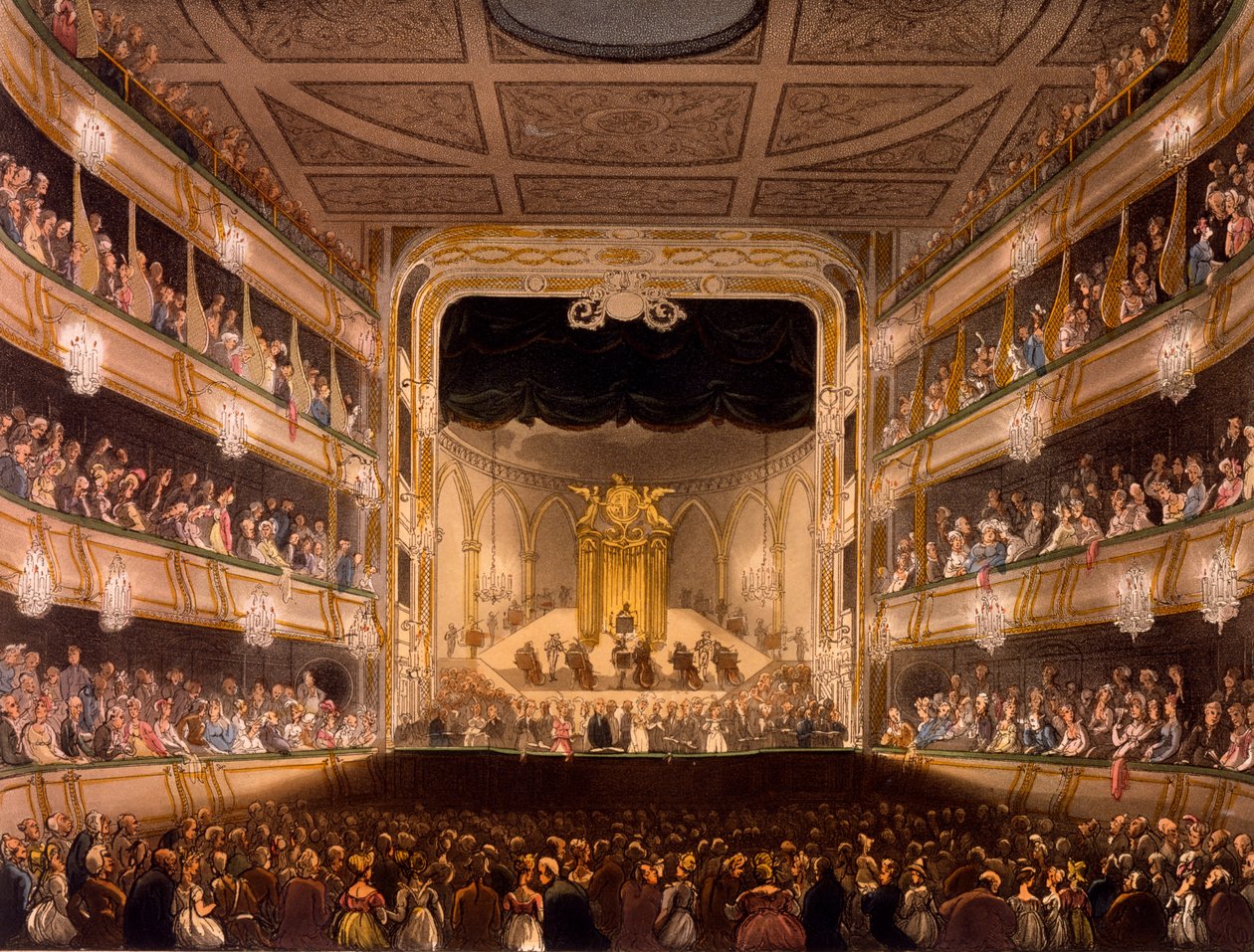 Covent Garden Theatre, från Microcosm of London av R Ackermann, 1808 (handfärgad akvatint) av Pugin and Rowlandson
