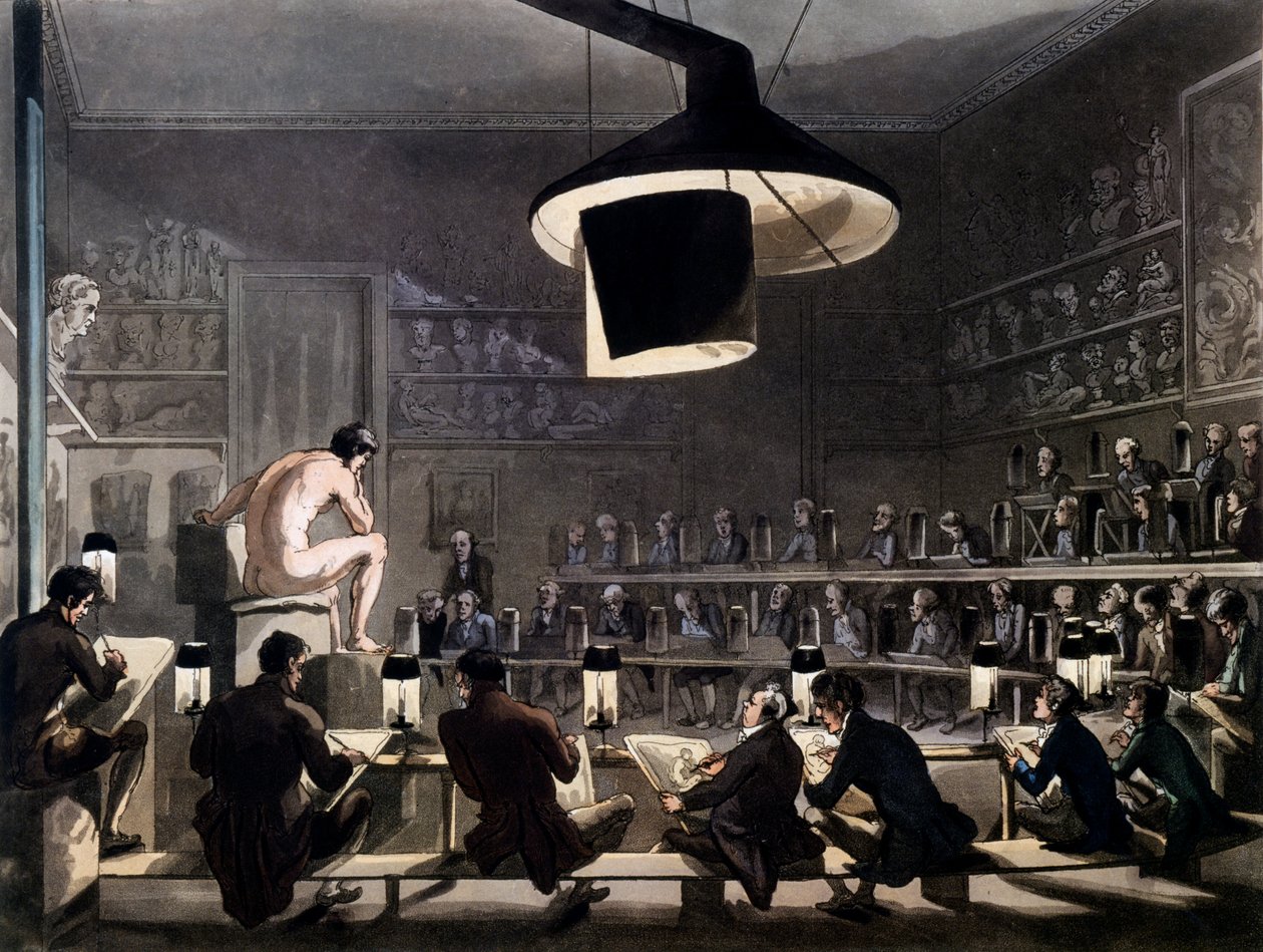 Teckning från Life at the Royal Academy, Somerset House, London, från Microcosm of London av R. Ackermann, 1810 (färgad akvatint) av Pugin and Rowlandson