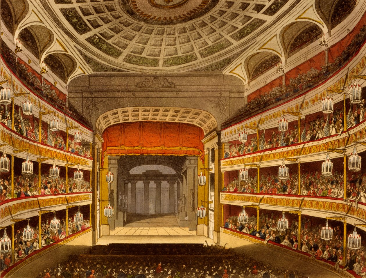 New Covent Garden Theatre, från Microcosm of London, 1810 av R Ackermann (handfärgad akvatint) av Pugin and Rowlandson
