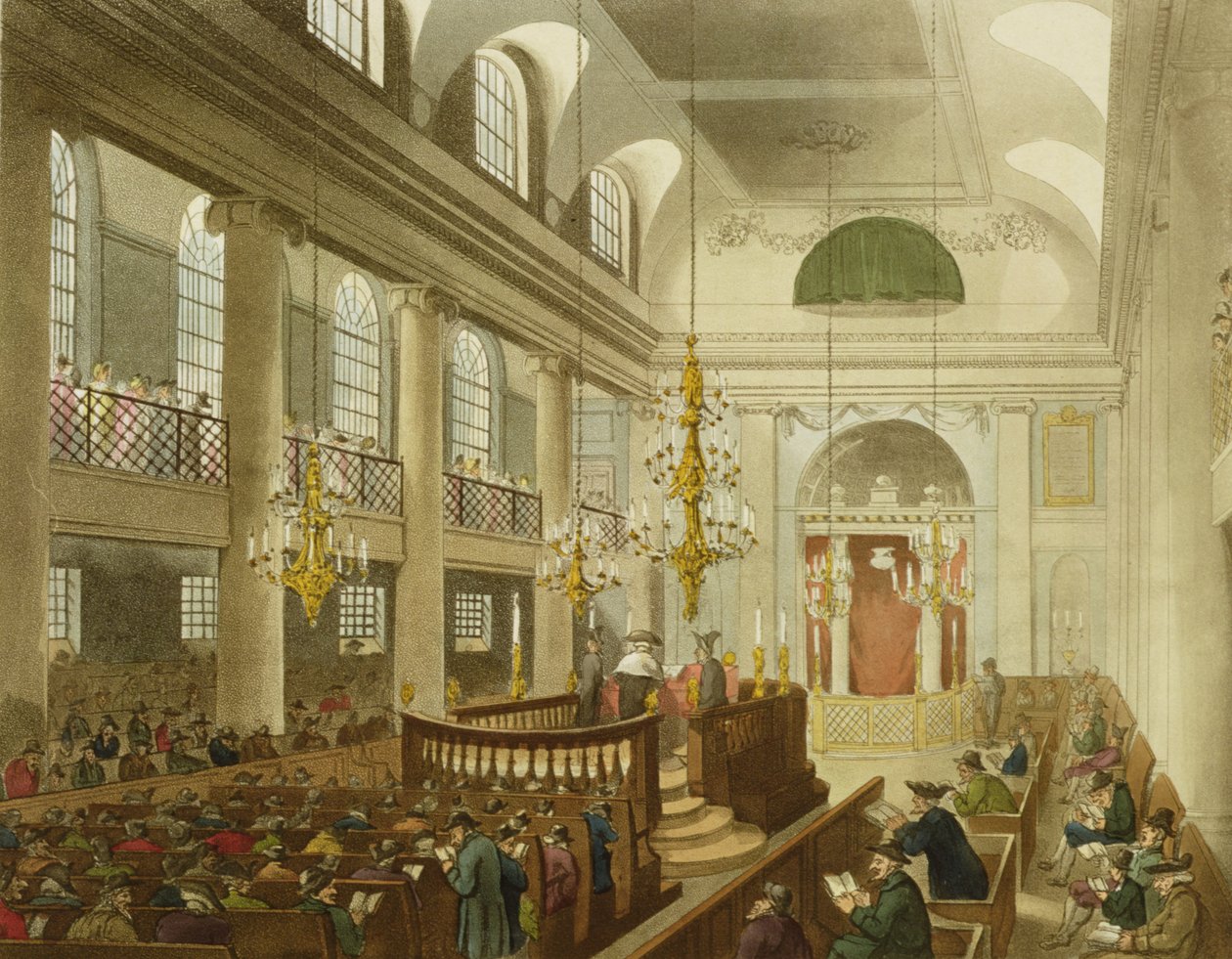 Synagogan, Dukes Place, Houndsditch, från Ackermanns "Microcosm of London", graverad av Sunderland, 1809 (akvatint) av Pugin and Rowlandson