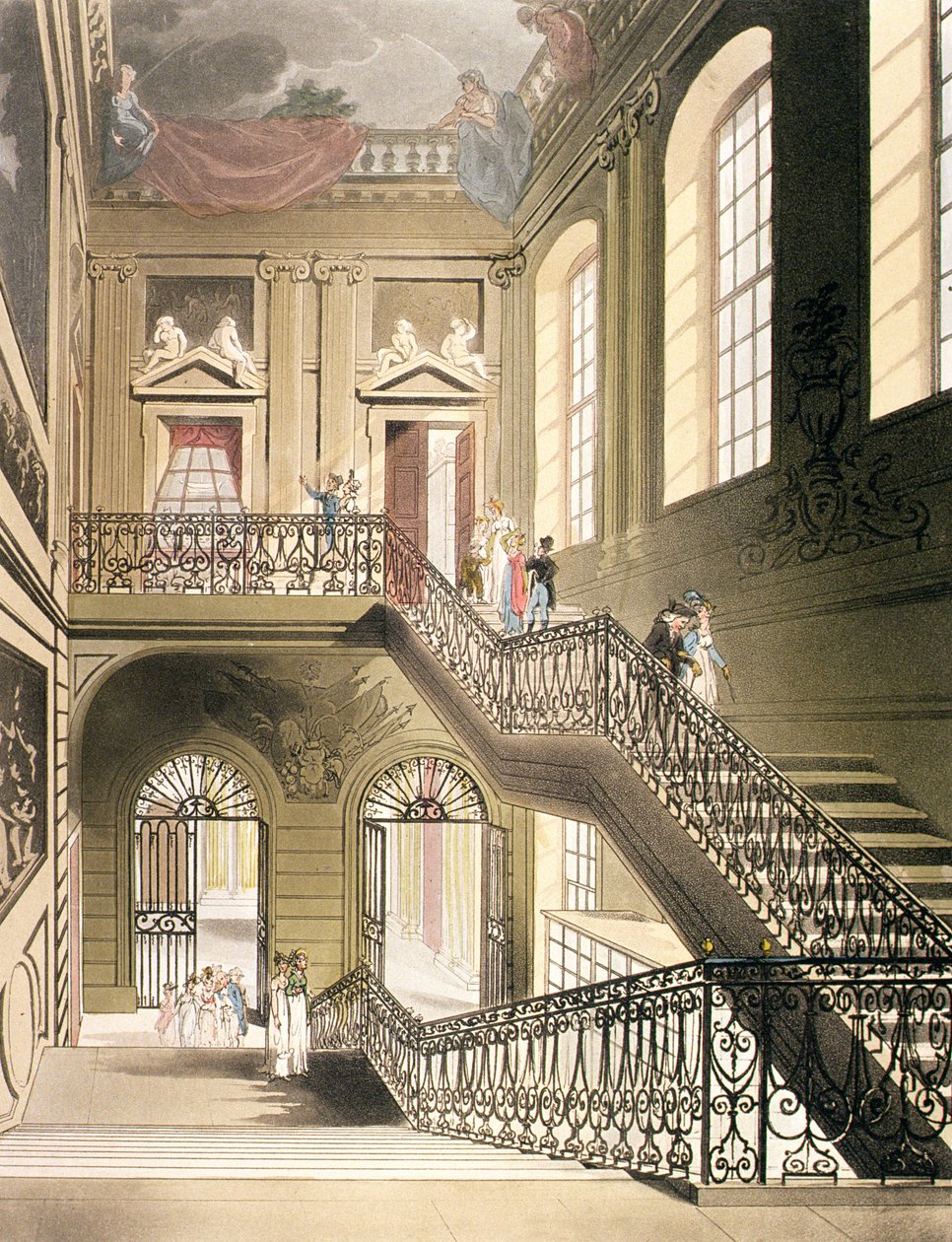Hallen och trappan från British Museum från Ackermanns "Microcosm of London" av Pugin and Rowlandson